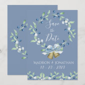 Mooie Stofblauwe Krans Elegant Eenvoudig Save The Date (Voorkant / Achterkant)