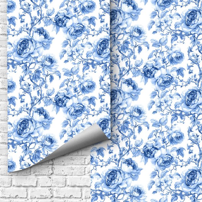 Mooie Stofblauwe Toile Rozen Bloempatroon Behang (Lovely Dusty Blue Toile Roses Floral Pattern Wallpaper

)