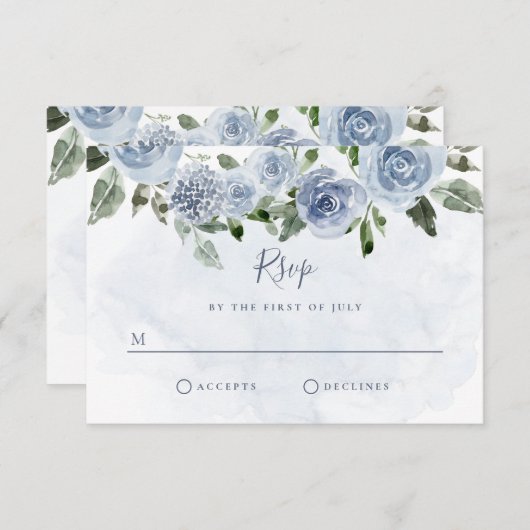 Mooie Stofblauwe Waterverf Bloemen RSVP Kaartje (Voorkant / Achterkant)
