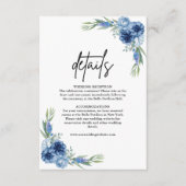 Mooie stoffige blauwe bloemen bruiloft details informatiekaartje (Voorkant)