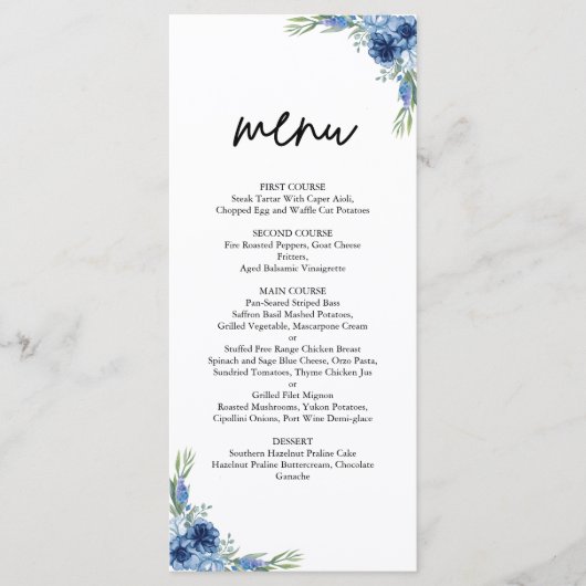 Mooie stoffige blauwe bloemen bruiloft menu (Voorkant)