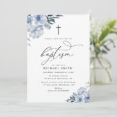 Mooie stoffige blauwe bloemendoop uitnodiging (Staand voorkant)