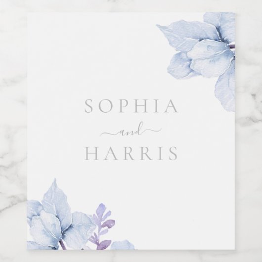 Mooie Stoffige Blauwe Hemel Blauwe Bloemen Bruilof Wijn Etiket (Enkel label)