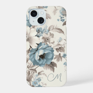 Mooie stoffige blauwe/lichtbruine bloemen met init iPhone 15 case