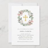 Mooie stoffige perzik bloemenkrans en kruis doopfe kaart (Voorkant)