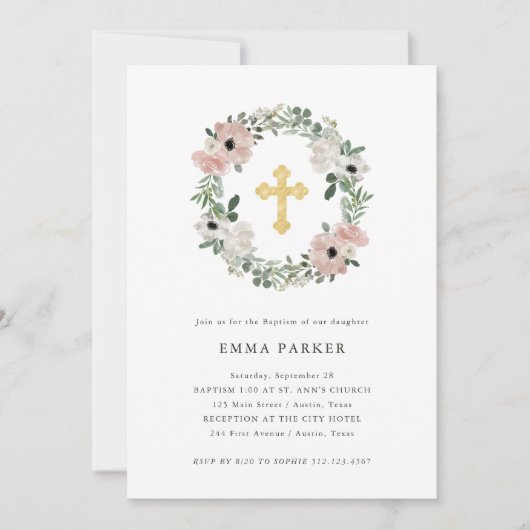 Mooie stoffige perzik bloemenkrans en kruis doopfe kaart (Voorkant)