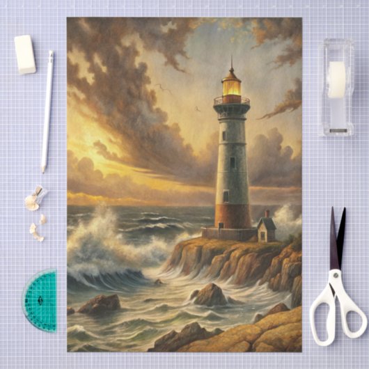Mooie Stormachtige Kust Vuurtoren Decoupage Tissuepapier (Craft)