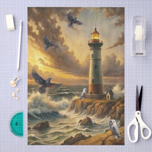 Mooie Stormachtige Kust Vuurtoren Decoupage Tissuepapier (Craft)