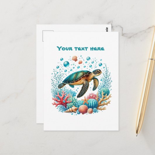 Mooie strand aanpasbare zeeschildpad briefkaart (Voorkant / Achterkant in situ)