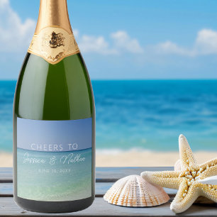 Mooie strand fotografie bruiloft aangepaste juiche sparkling wijnetiket