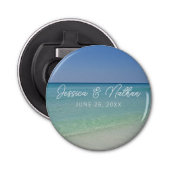 Mooie strand horizon gepersonaliseerde bruiloft button flesopener (Voorkant)