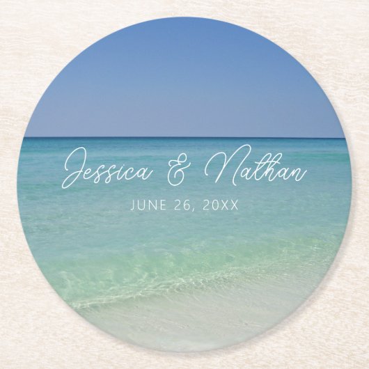 Mooie strand horizon gepersonaliseerde bruiloft ronde kartonnen onderzetter (Voorkant)