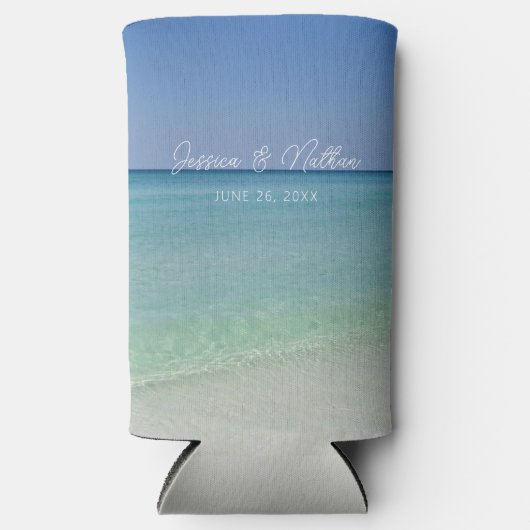 Mooie strand horizon gepersonaliseerde bruiloft seltzer blikjeskoeler (Voorkant)