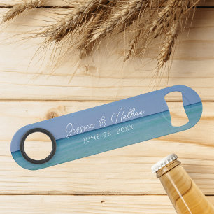 Mooie strand horizon gepersonaliseerde bruiloft speed flessenopener