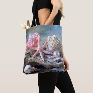 Mooie strand roze koraal schelpen parels tote bag