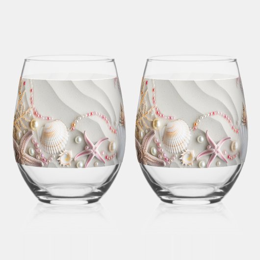 Mooie Strand Roze Koraal Zeeschelpen Parels Wijnglas Zonder Voet (Achterkant)