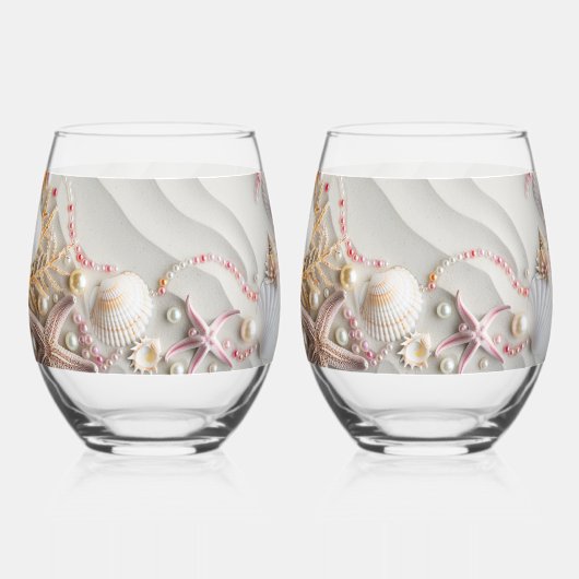 Mooie Strand Roze Koraal Zeeschelpen Parels Wijnglas Zonder Voet (Voorkant)