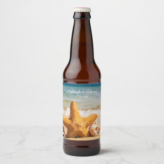 Mooie Strand Scène met Starfish bruiloft Bier Etiket (Voorkant)