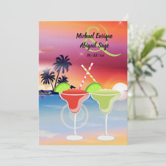 Mooie strand zonsondergang margarita liefde bruilo kaart (Staand voorkant)
