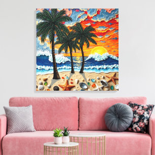 Mooie strandtafereel met palmbomen canvas afdruk