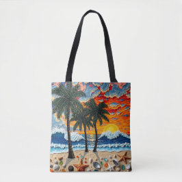 Mooie strandtafereel met palmbomen tote bag