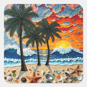 Mooie strandtafereel met palmbomen vierkante sticker