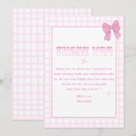 Mooie strik pastel roze geruit baby shower bedankkaart
