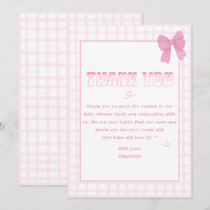 Mooie strik pastel roze geruit baby shower bedankkaart