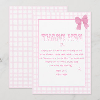 Mooie strik pastel roze geruit baby shower bedankkaart