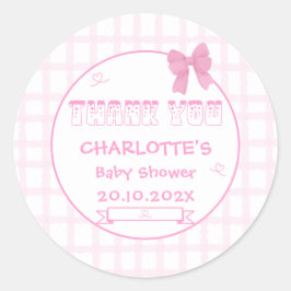Mooie strik pastel roze geruit babyshower bedankje ronde sticker