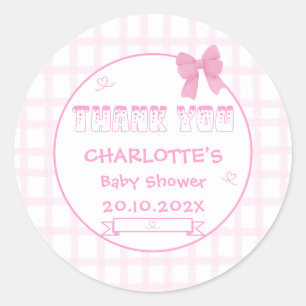 Mooie strik pastel roze geruit babyshower bedankje ronde sticker