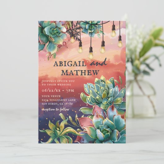 Mooie Succulente Cactus Sunset SoCal Bruiloft Kaart (Staand voorkant)