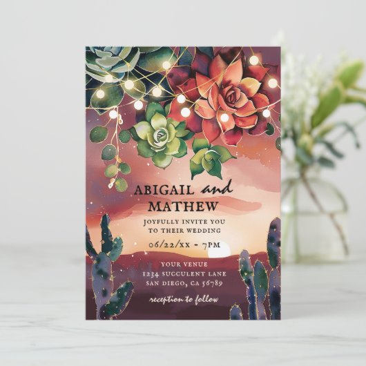 Mooie Succulente Cactus Zonsondergang Bruiloft Kaart (Staand voorkant)