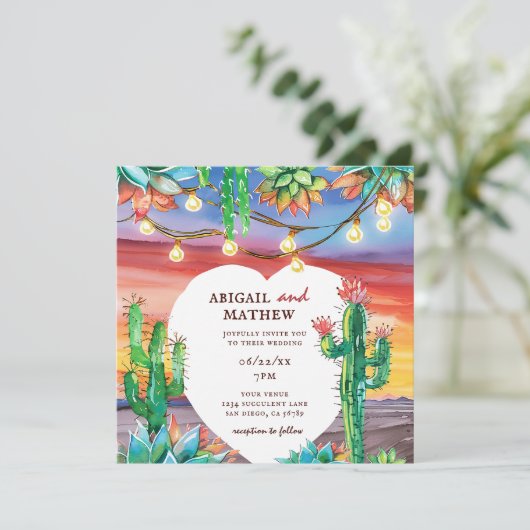 Mooie Succulente Cactus Zonsondergang Hart Bruilof Kaart (Staand voorkant)