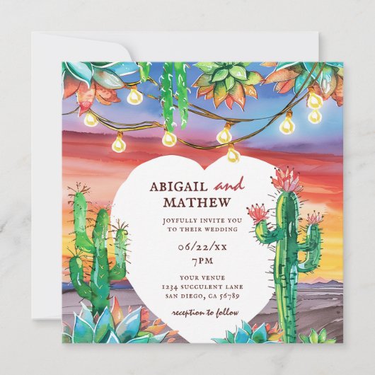 Mooie Succulente Cactus Zonsondergang Hart Bruilof Kaart (Voorkant)