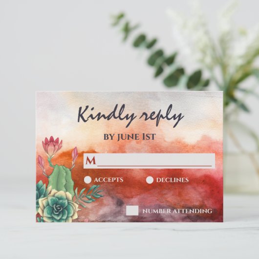 Mooie Succulente Zonsondergang Verbrande Sinaasapp RSVP Kaartje (Staand voorkant)