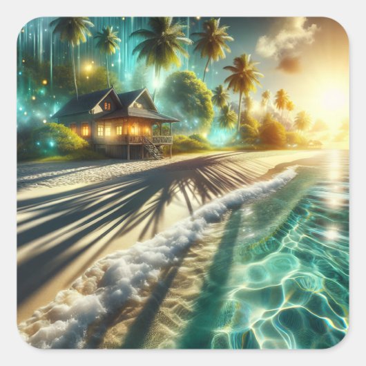 Mooie Sunset Beach House thema Vierkante Sticker (Voorkant)
