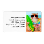 Mooie surferkat op het strand etiket (Voorkant)