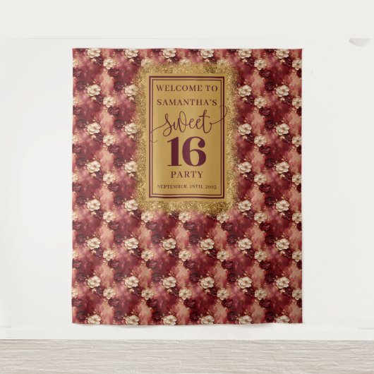 Mooie Sweet 16 Blush Bourgondië Gouden Tapijt Wandkleed (Voorkant)