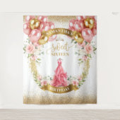 Mooie Sweet Sixteen Achtergrond Blush Jurk Rozen Wandkleed (Voorkant)