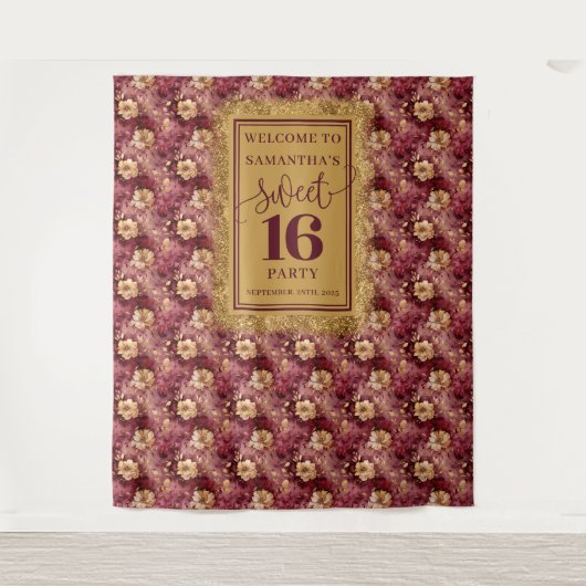 Mooie Sweet Sixteen Bourgondië Gold Decor Wandkleed (Voorkant)