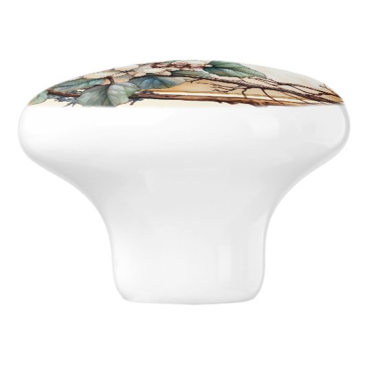 Mooie takkenkrans witte bloemen rode bessen keramische knop (Zijkant)