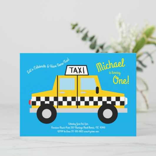 Mooie Taxi Auto Kinderen 1e Verjaardagsfeestje Kaart (Staand voorkant)