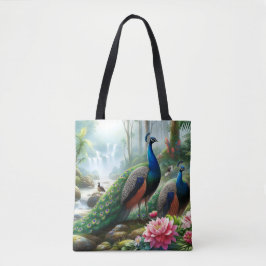 Mooie Teal Blauwe Pauw met Bloemen Tote Bag