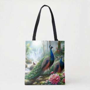 Mooie Teal Blauwe Pauw met Bloemen Tote Bag