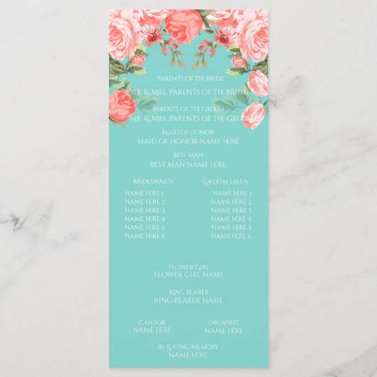 Mooie Teal en Koraal Bloemdesign - Programma Programmakaart (Achterkant)