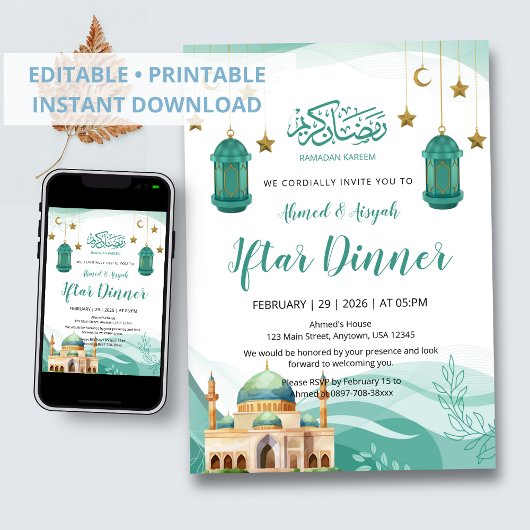 Mooie Teal Waterverf Moskee Iftar Uitnodiging