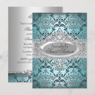Mooie Teal & Zilveren Damast Sweet 16 Uitnodiging