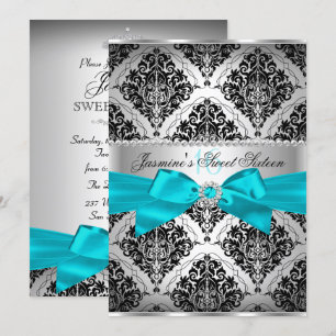Mooie Teal & Zwarte Damask Sweet 16 Uitnodiging