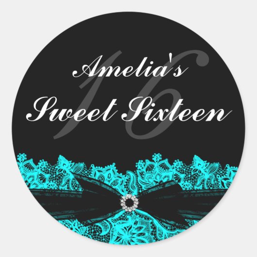 Mooie Teal & Zwarte Kant Sweet 16 Sticker (Voorkant)